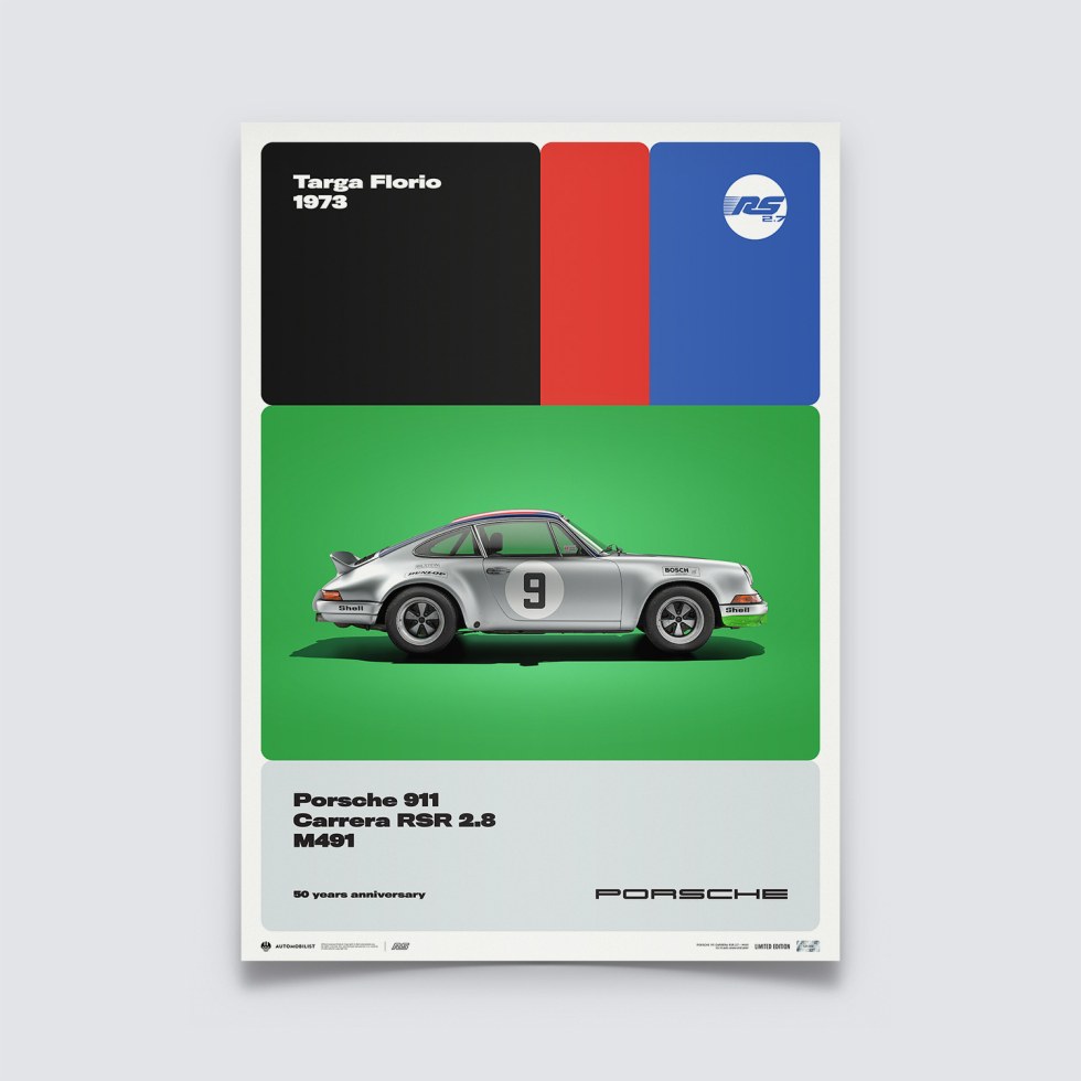 Automobilist Posters | Porsche 911 RSR - 50th Anniversary - Targa Florio - 1973, Limited Edition of 200, 50 x 70 cm - Plakáty Limited Edition