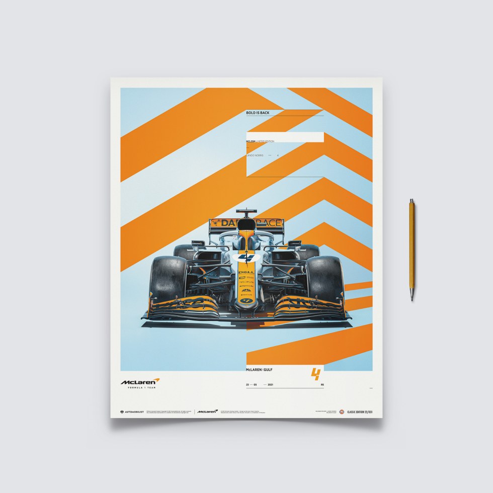 Automobilist Posters | McLaren x Gulf - Lando Norris - 2021, Classic Edition, 40 x 50 cm - Plakáty Limited Edition
