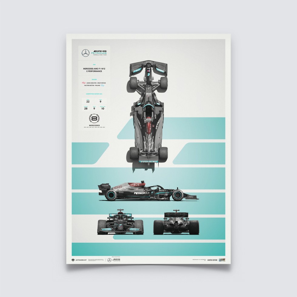 Automobilist Posters | Mercedes-AMG Petronas F1 Team - F1 W12 E Performance - Blueprint - 2021, Limited Edition of 200, 50 x 70 cm - Plakáty Limited Edition