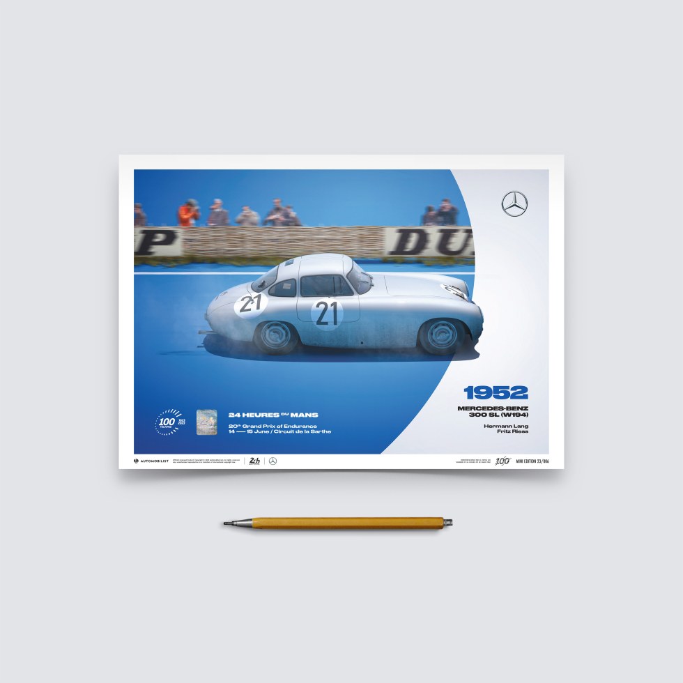 Automobilist Posters | Mercedes-Benz 300 SL (W194) - 24h Le Mans - 100th Anniversary - 1952, Mini Edition, 21 x 30 cm - Plakáty Limited Edition