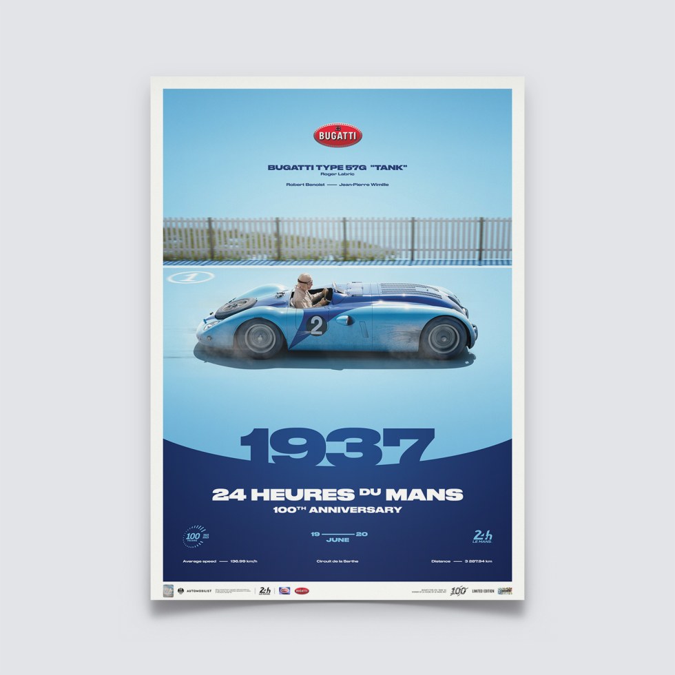 Automobilist Posters | Bugatti Type 57G "Tank" - 24h Le Mans - 100th Anniversary - 1937, Limited Edition of 200, 50 x 70 cm - Plakáty Limited Edition
