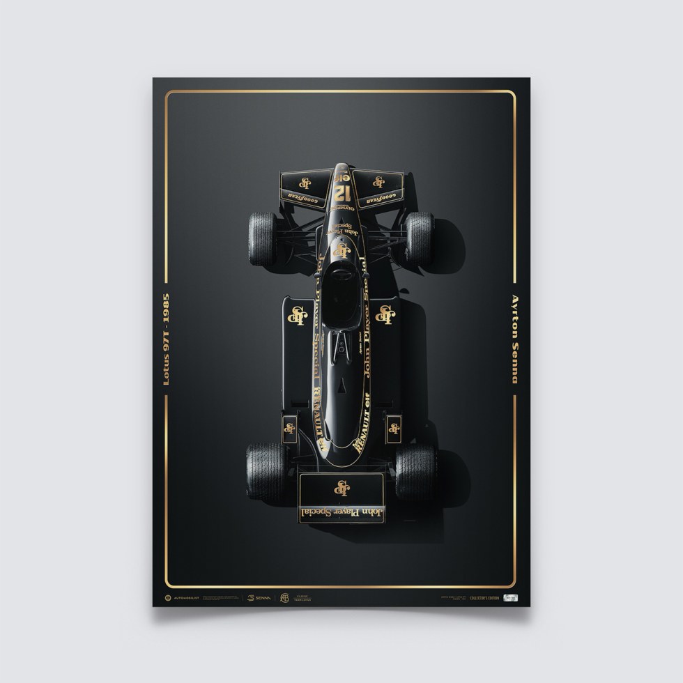 Automobilist Posters | Lotus 97T - Ayrton Senna - Stunning Black - Estoril - 1985 | Collector’s Edition - Plakáty Collector´s Edition