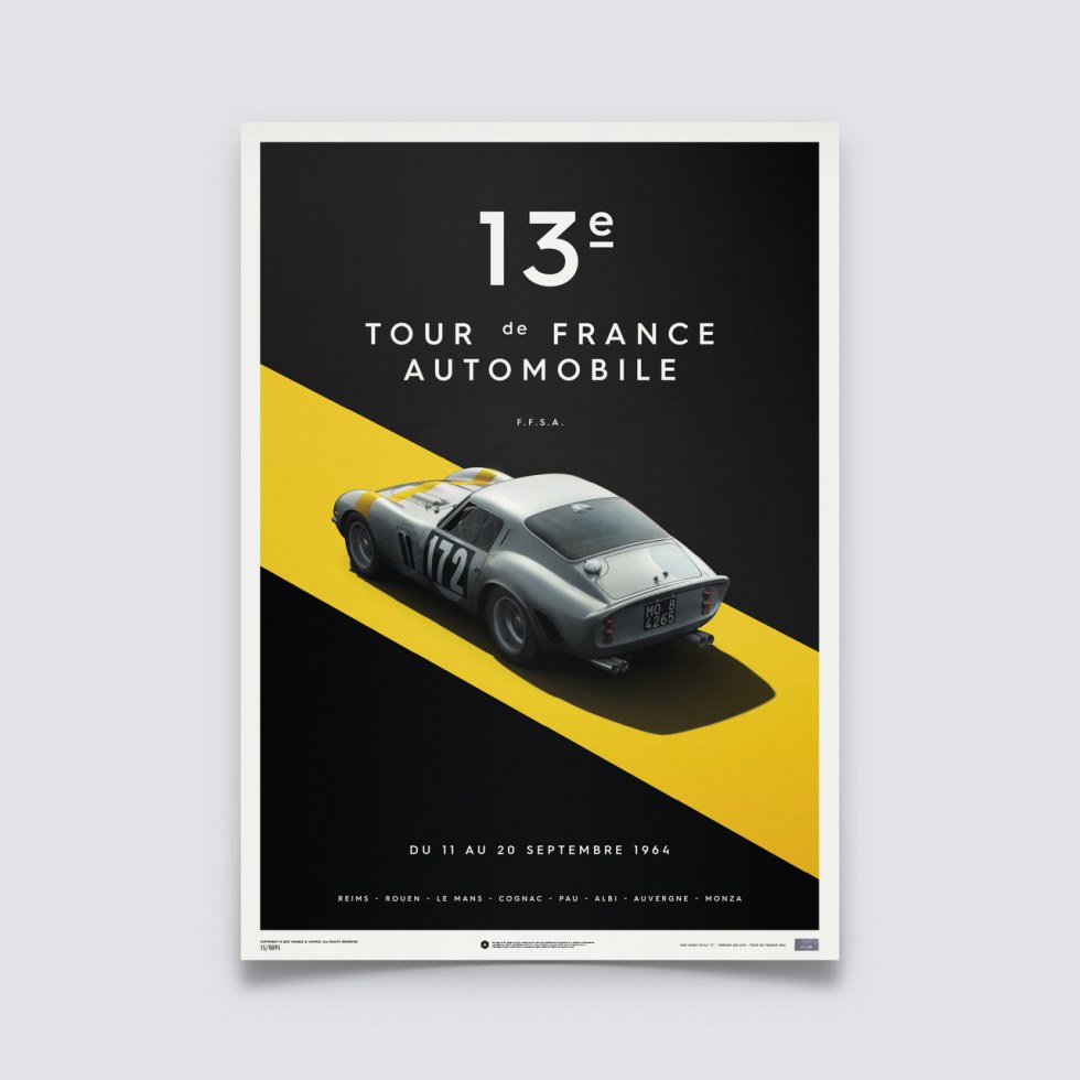 Automobilist Posters | Ferrari 250 GTO - Tour de France - 1964 - Silver | Limited Edition - Plakáty Limited Edition