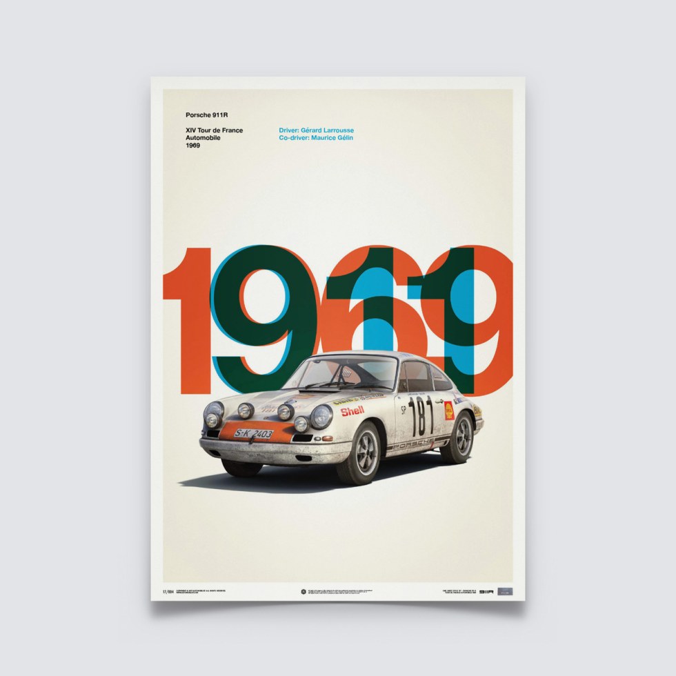 Porsche 911R - White - Tour de France - 1969 - Limited Poster - Plakáty Limited Edition