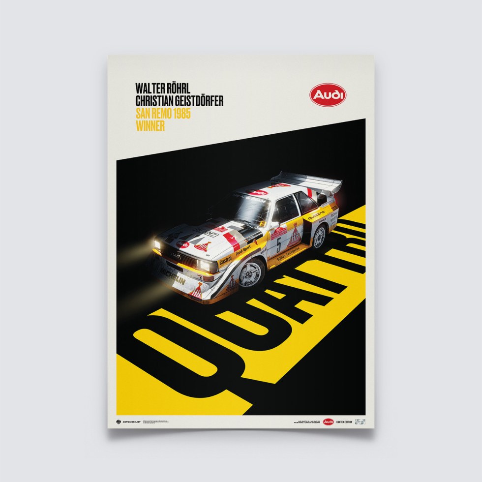 Automobilist Posters | Audi Quattro S1 - Walter Röhrl & Christian Geistdörfer - Shadow - San Remo - 1985 | Limited Edition - Plakáty Limited Edition