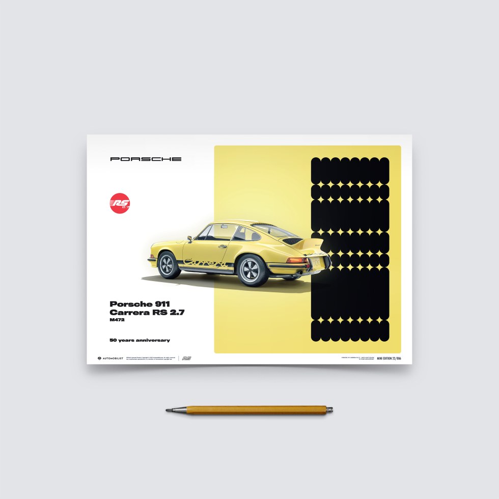 Automobilist Posters | Porsche 911 RS - 50th Anniversary - 1973 - Yellow, Mini Edition, 21 x 30 cm