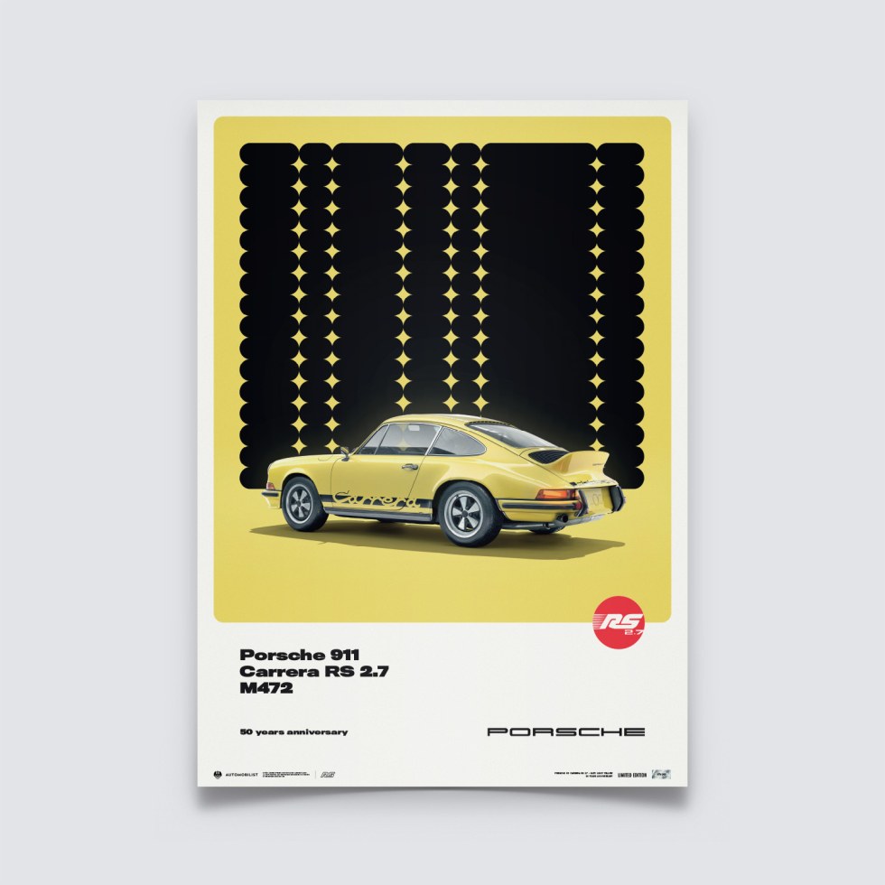 Automobilist Posters | Porsche 911 RS - 50th Anniversary - 1973 - Yellow, Limited Edition of 200, 50 x 70 cm