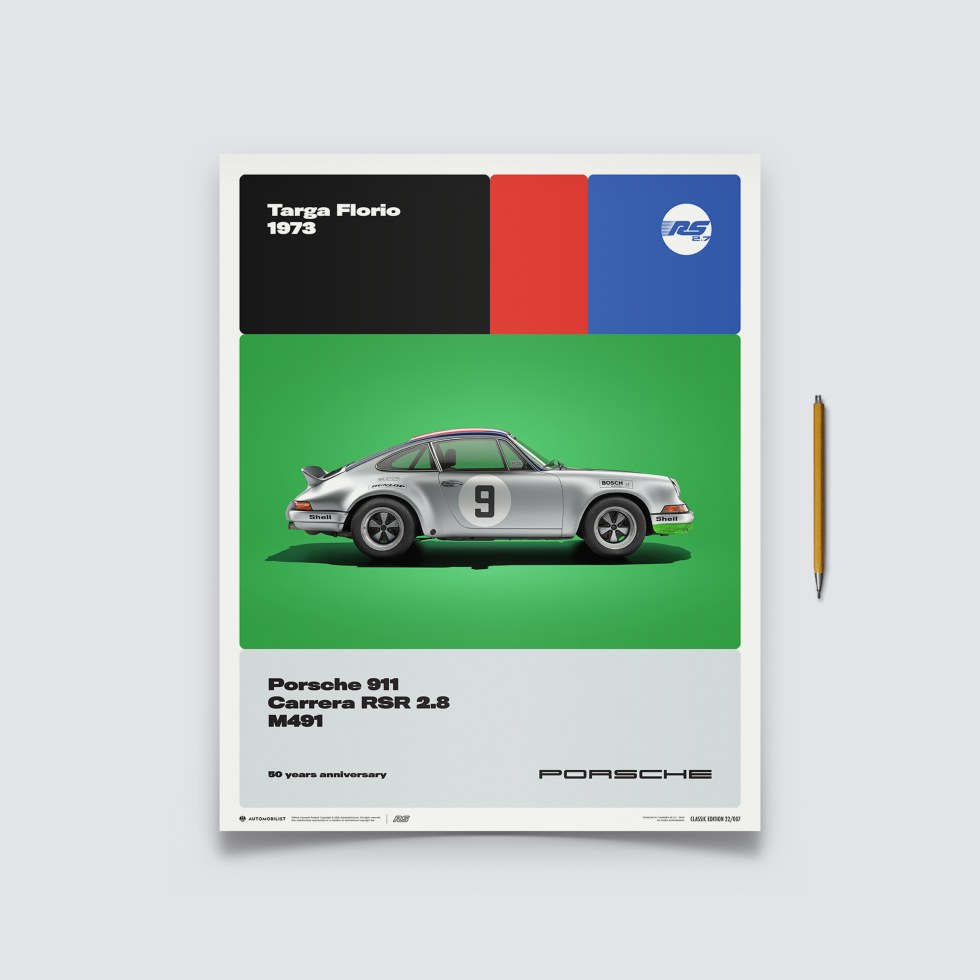 Automobilist Posters | Porsche 911 RSR - 50th Anniversary - Targa Florio - 1973, Classic Edition, 40 x 50 cm - Plakáty Limited Edition