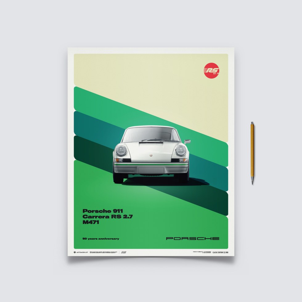 Automobilist Posters | Porsche 911 RS - 50th Anniversary - 1973 - White, Classic Edition, 40 x 50 cm - Plakáty Limited Edition
