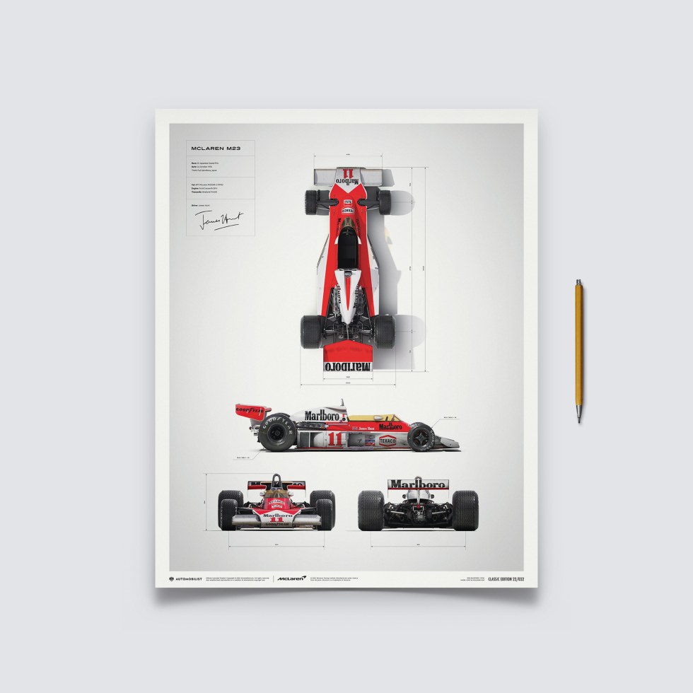 Automobilist Posters | McLaren M23 - James Hunt - Blueprint - Japanese GP - 1976, Classic Edition, 40 x 50 cm - Plakáty Limited Edition