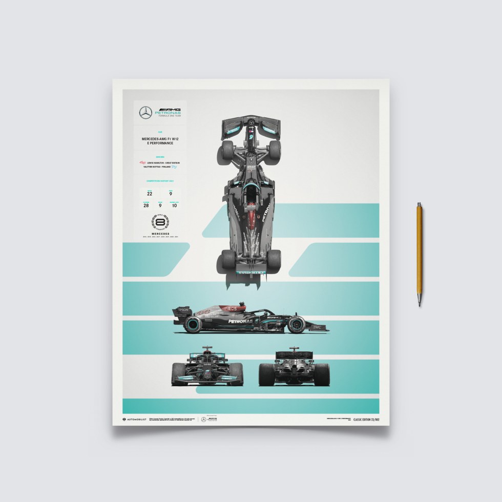Automobilist Posters | Mercedes-AMG Petronas F1 Team - F1 W12 E Performance - Blueprint - 2021, Classic Edition, 40 x 50 cm - Plakáty Limited Edition