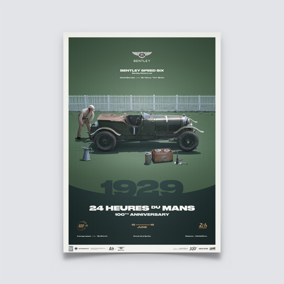Automobilist Posters | Bentley Speed Six - 24h Le Mans - 100th Anniversary - 1929, Limited Edition of 200, 50 x 70 cm - Plakáty Limited Edition