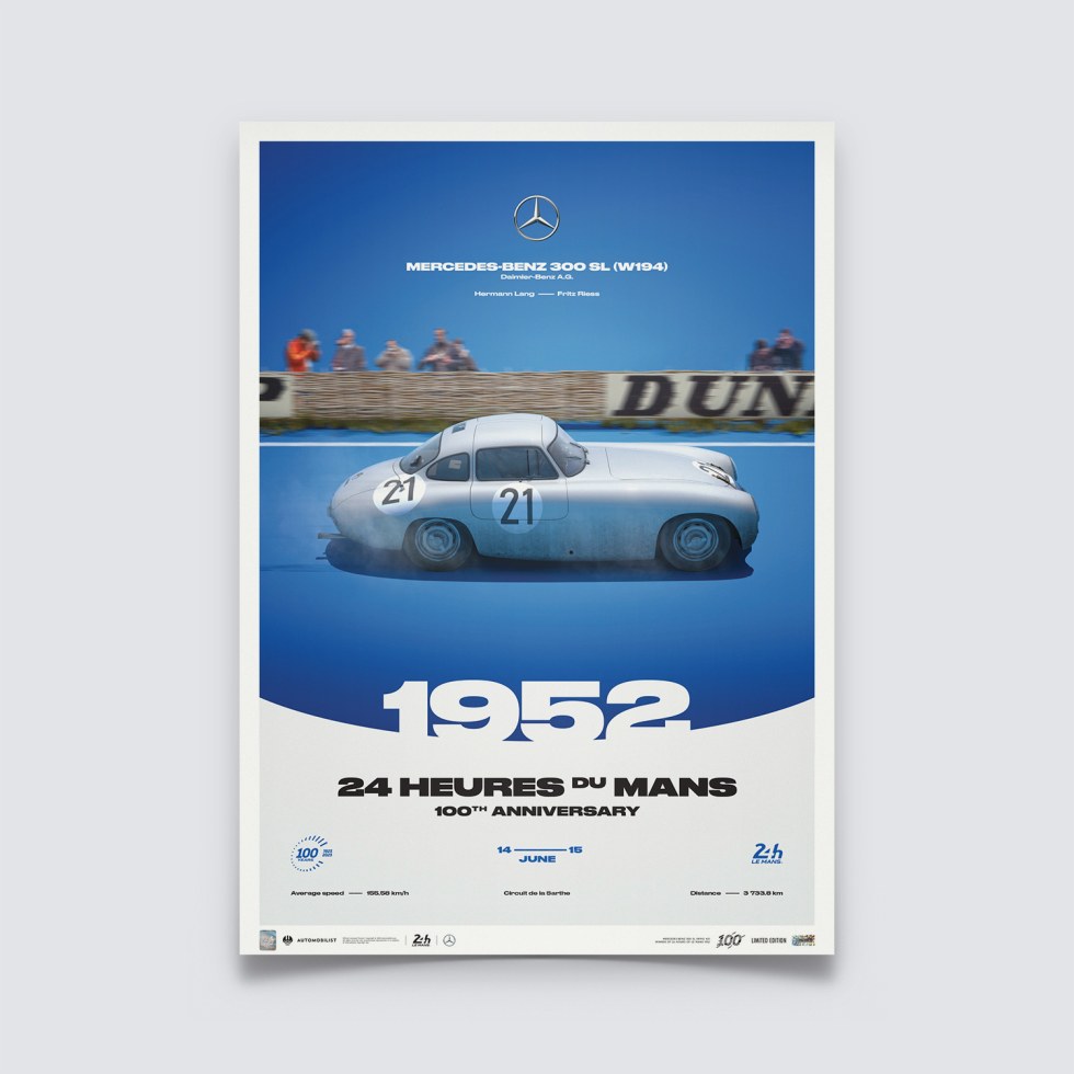 Automobilist Posters | Mercedes-Benz 300 SL (W194) - 24h Le Mans - 100th Anniversary - 1952, Limited Edition of 200, 50 x 70 cm - Plakáty Limited Edition