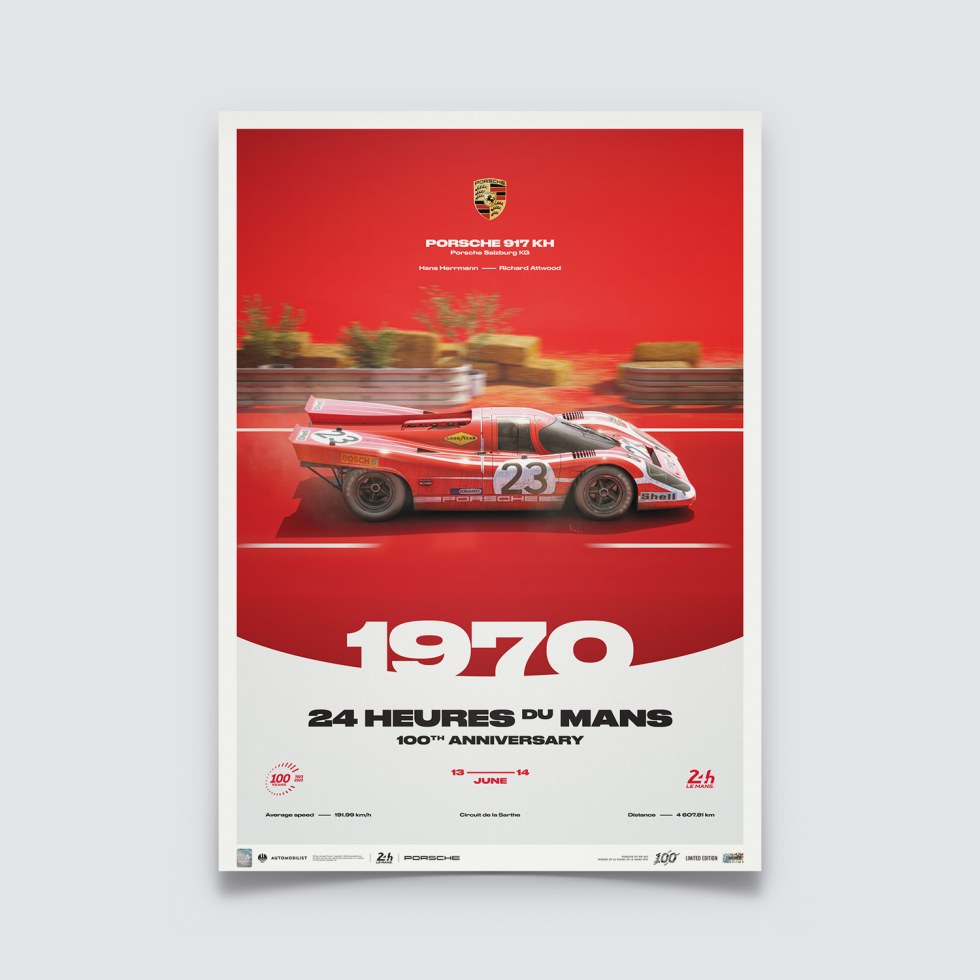 Automobilist Posters | Porsche 917 KH - 24h Le Mans - 100th Anniversary - 1970, Limited Edition of 200, 50 x 70 cm - Plakáty Limited Edition