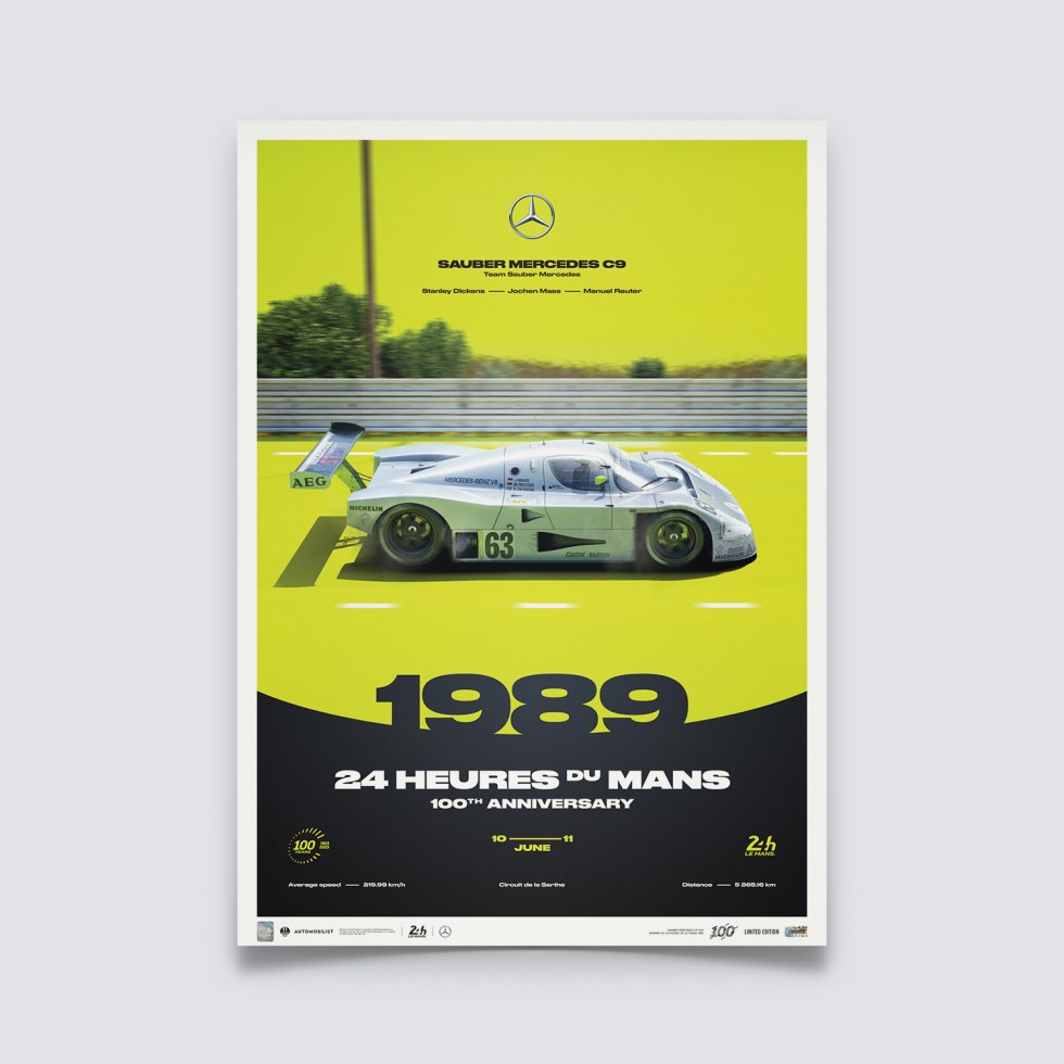 Automobilist Posters | Sauber Mercedes C9 - 24h Le Mans - 100th Anniversary - 1989, Limited Edition of 200, 50 x 70 cm - Plakáty Limited Edition