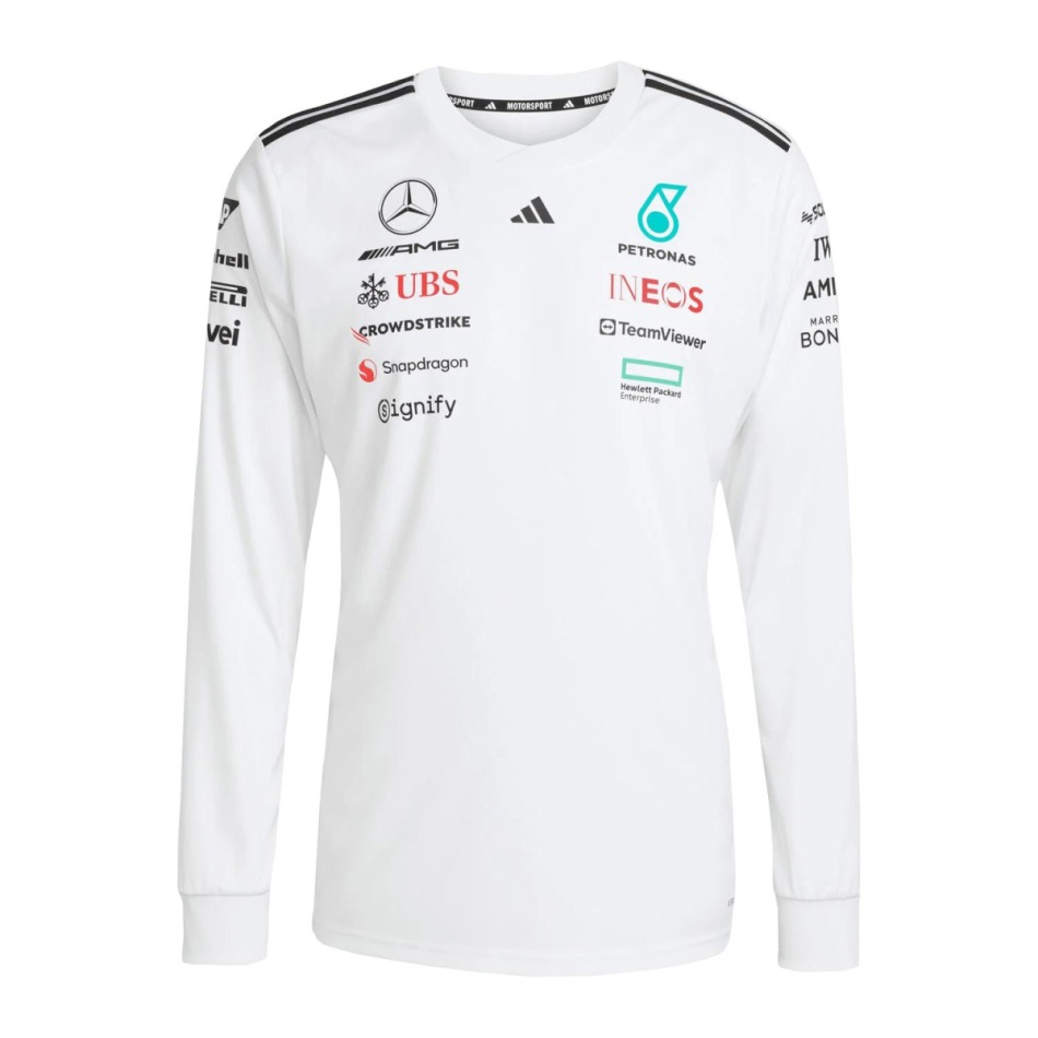 Mercedes AMG Petronas pánské tričko s&nbsp;dlouhým rukávem white official Teamline Replica F1 Team 2025 - Mercedes AMG trička, polo trička, košile