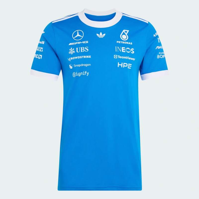 Tričko Adidas - Mercedes AMG Petronas F1 modré s&nbsp;logy sponzorů - edice SILVERSTONE 2026 - Mercedes AMG trička, polo trička, košile